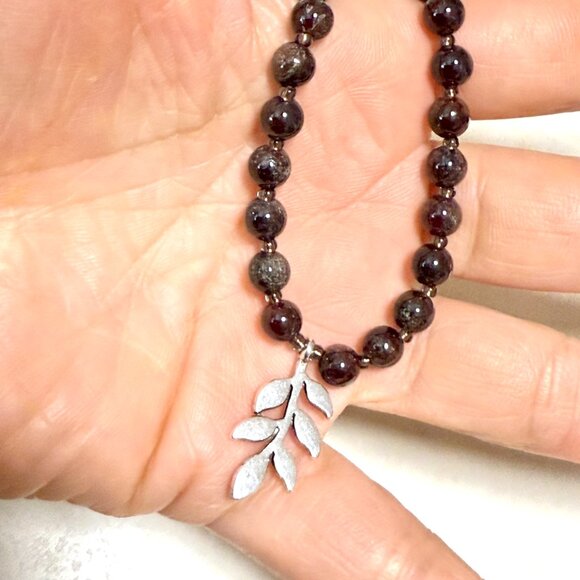 Deep Wine Red Garnet Short Necklace, Genuine Gemstone & Silver Leaf Branch Charm - Picture 15 of 15
